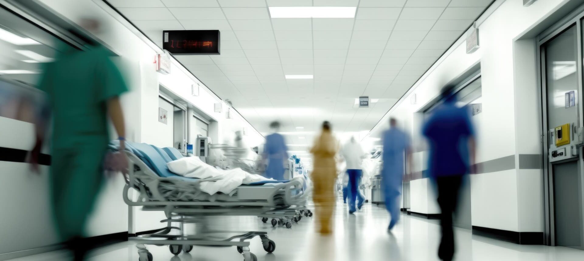 Ein Krankenhausflur mit mehreren Personen in medizinischer Kleidung, die sich bewegen. Im Vordergrund steht ein leeres Krankenhausbett. Die Umgebung ist hell beleuchtet, und an der Decke hängt eine digitale Uhr. Die Szene vermittelt eine geschäftige, aber geordnete Atmosphäre.