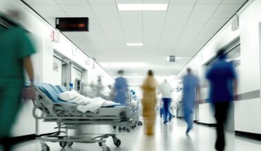 Ein Krankenhausflur mit mehreren Personen in medizinischer Kleidung, die sich bewegen. Im Vordergrund steht ein leeres Krankenhausbett. Die Umgebung ist hell beleuchtet, und an der Decke hängt eine digitale Uhr. Die Szene vermittelt eine geschäftige, aber geordnete Atmosphäre.