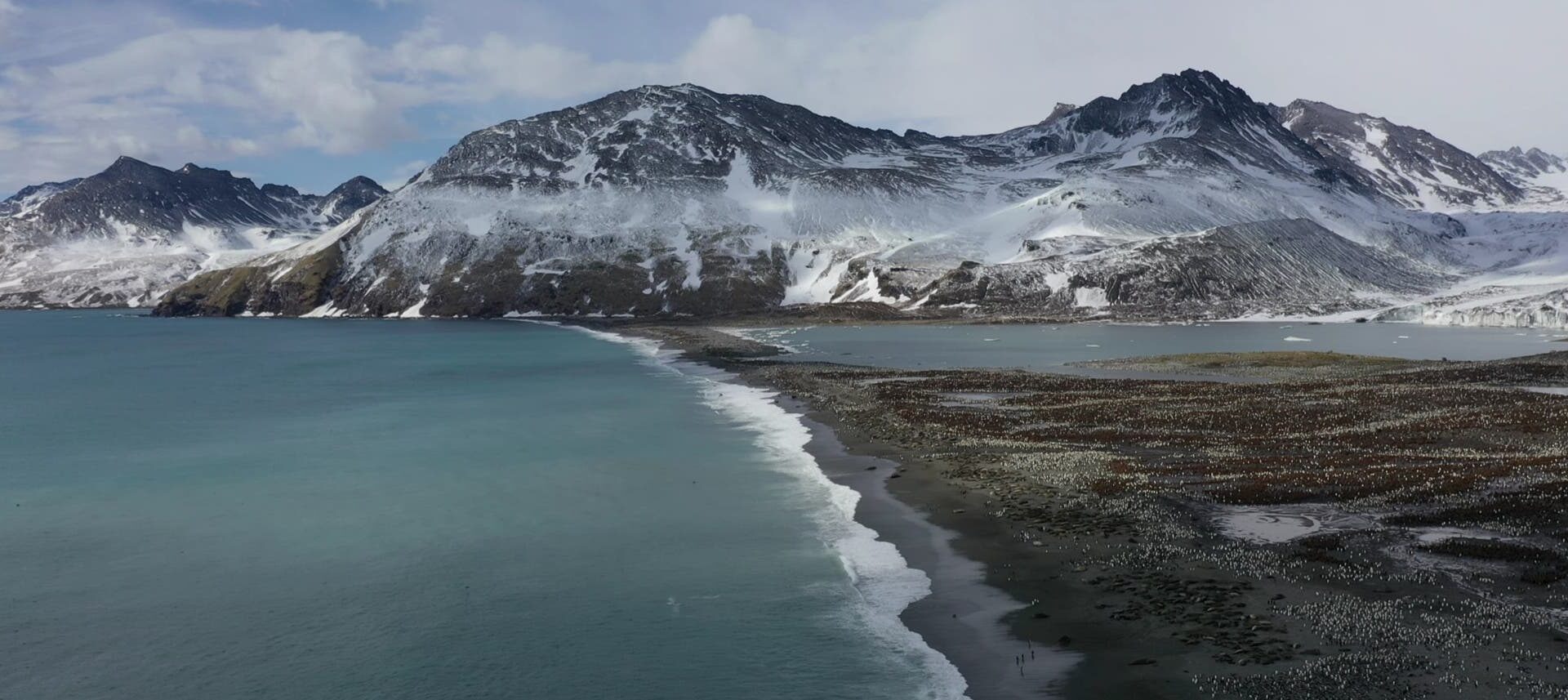 Eine Küstenlandschaft mit schneebedeckten Bergen im Hintergrund. Im Vordergrund erstreckt sich ein Strand entlang des türkisfarbenen Meeres. Die Küstenlinie verläuft diagonal durch das Bild, während Wolken den Himmel bedecken. Die Szene vermittelt eine ruhige, natürliche Atmosphäre.