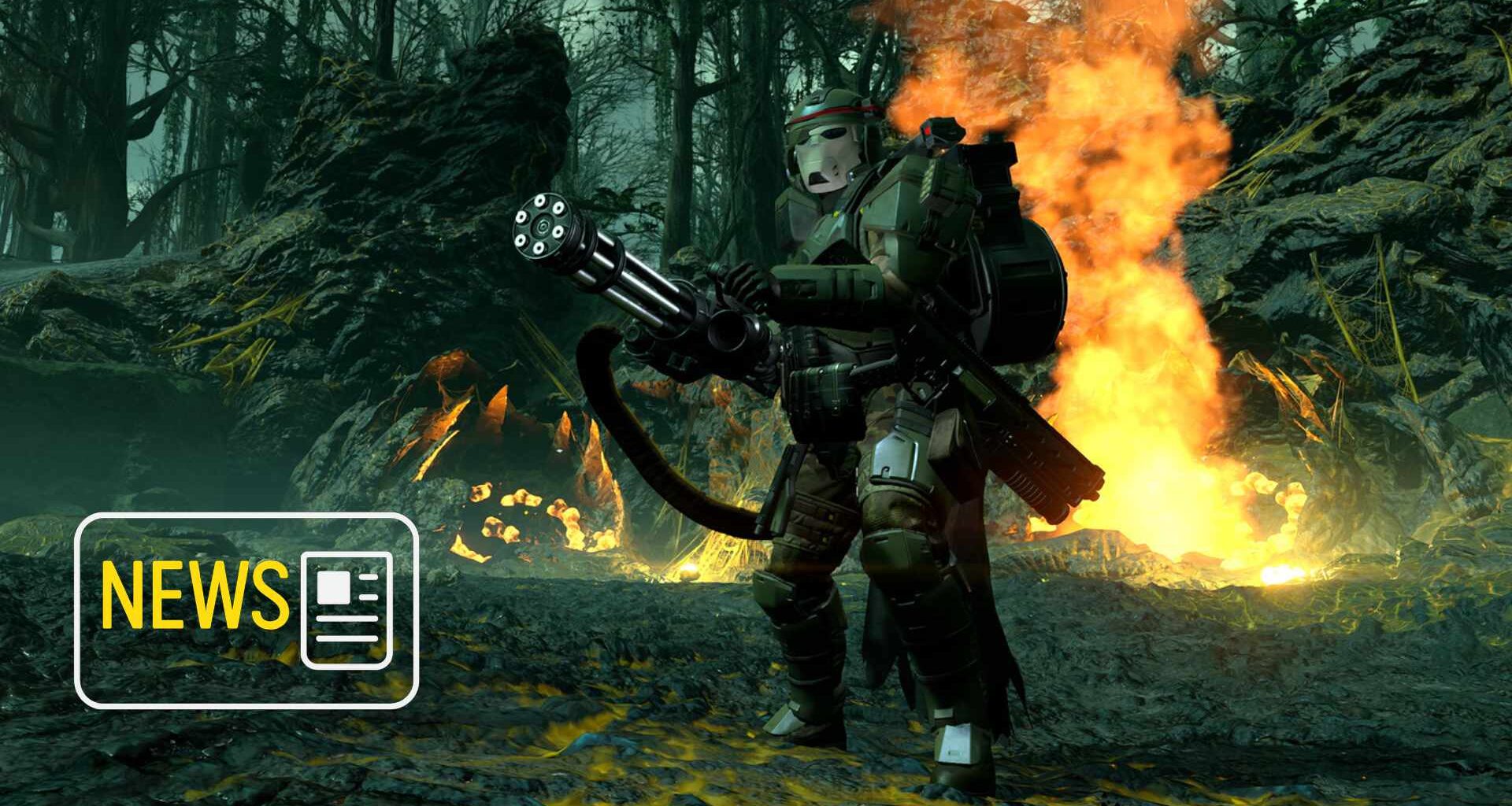 Ein Mann mit voller Ausrüstung und Minigun steht vor Feuer.