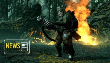 Ein Mann mit voller Ausrüstung und Minigun steht vor Feuer.