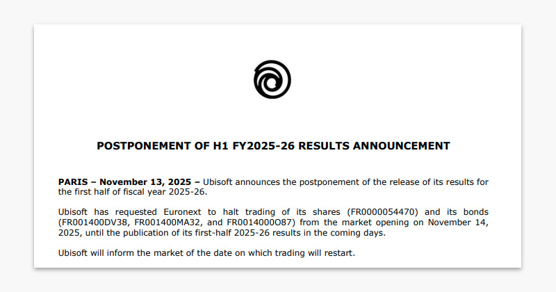 In buchstäblich letzter Minute verschiebt Ubisoft die Bekanntgabe der Halbjahreszahlen für den Zeitraum April bis September 2025.