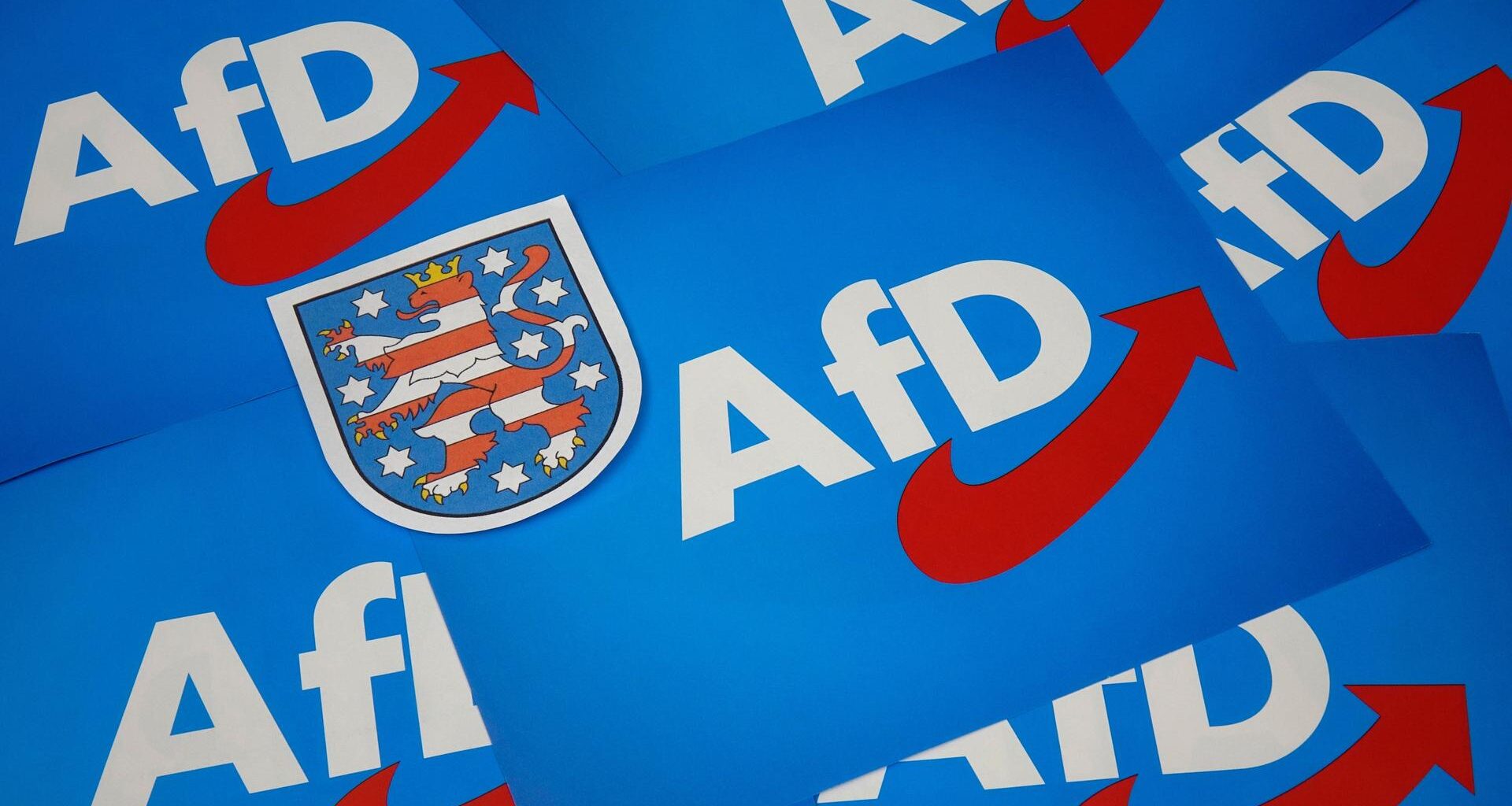 Auf Fahnen der AfD liegt das Landeswappen von Thüringen.
