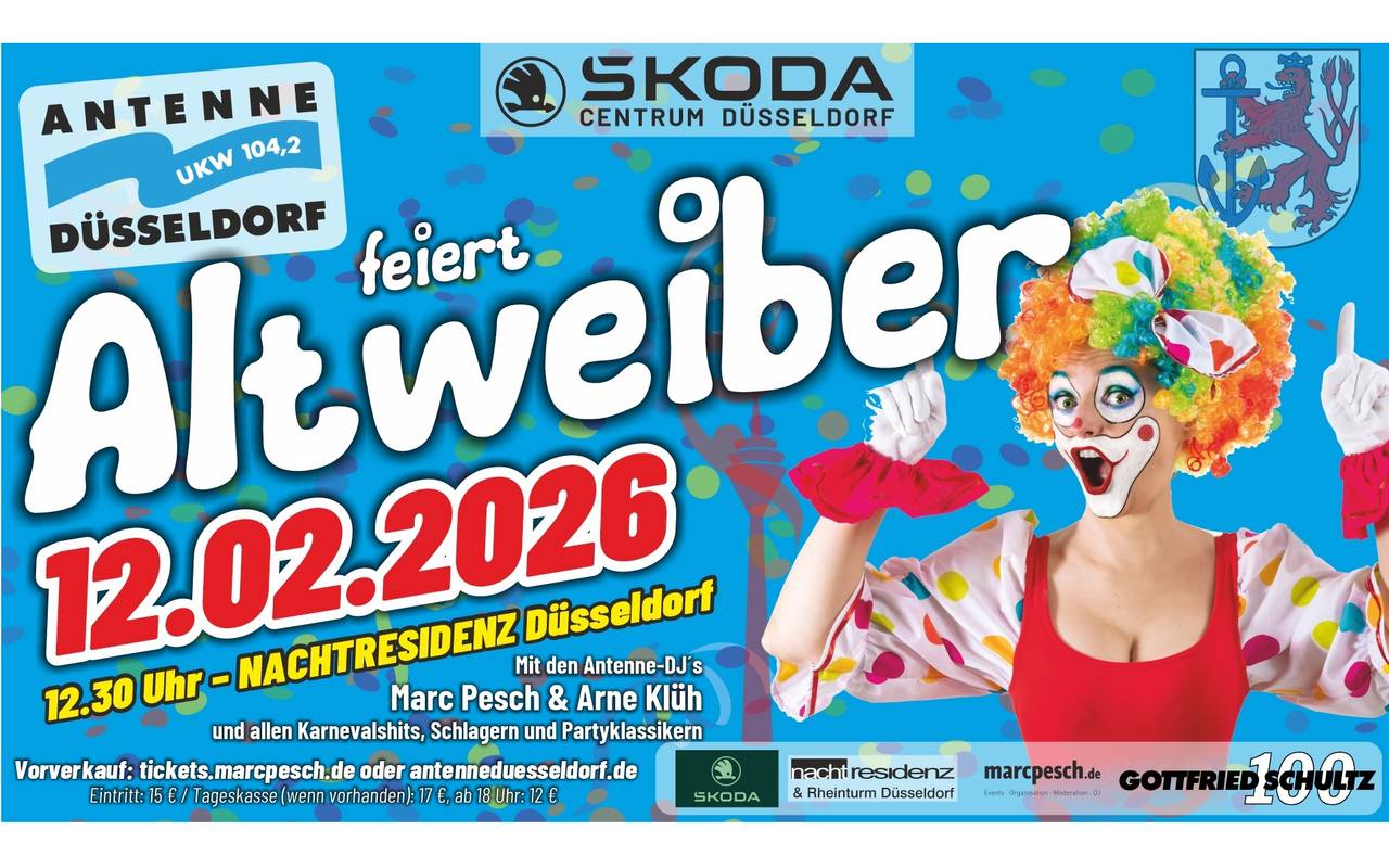Ein Werbebanner mit allen Infos zur Altweiber-Party von Antenne Düsseldorf.