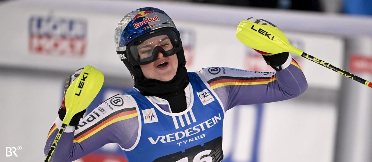 Emma Aicher jubelt beim Slalom in Levi.
