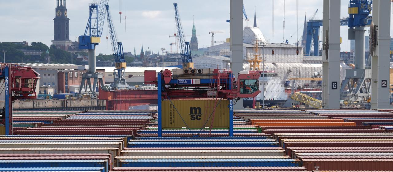 Ein Van Carrier transportiert einen Container der Reederei MSC zwischen unzähligen Containern auf dem Container Terminal Tollerort im Hamburger Hafen. | dpa Ein Van Carrier transportiert einen Container der Reederei MSC zwischen unzähligen Containern auf dem Container Terminal Tollerort im Hamburger Hafen.