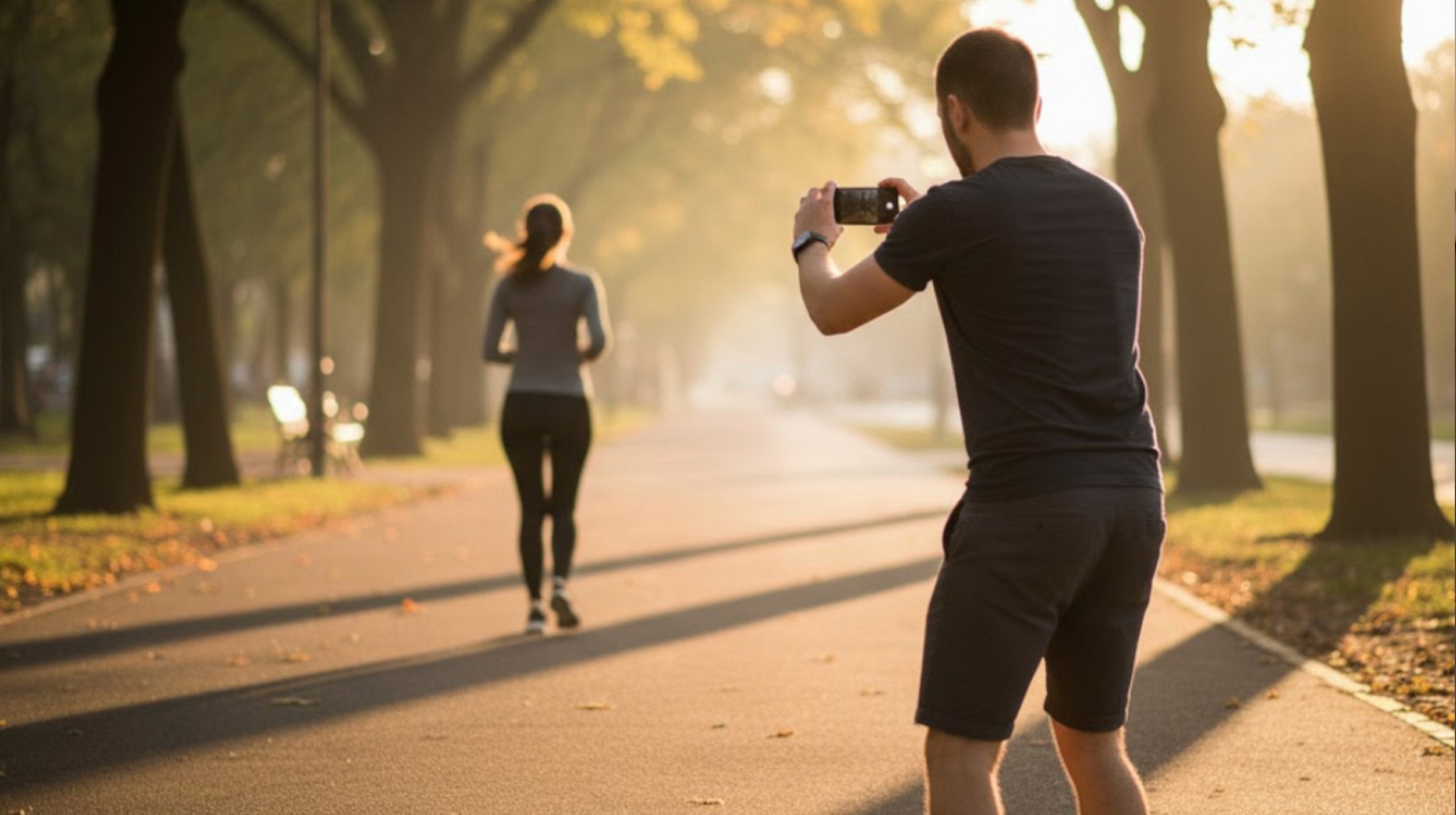 Ein Mann fotografiert eine joggende Frau im Park, was Fragen zu digitalem Voyeurismus aufwirft.