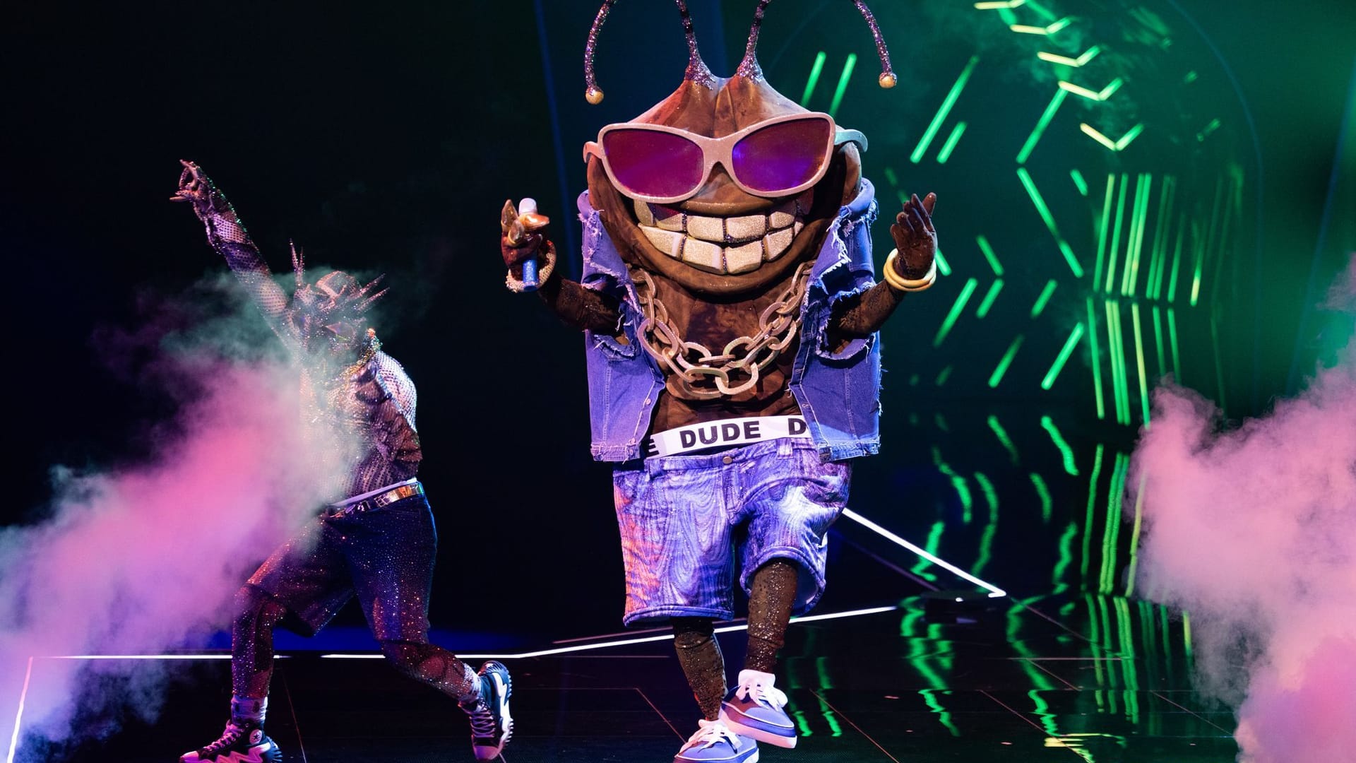 Die Figur "Dude" steht in der Prosieben-Show "The Masked Singer" auf der Bühne. Die Figur "Dude" steht in der Prosieben-Show "The Masked Singer" auf der Bühne.