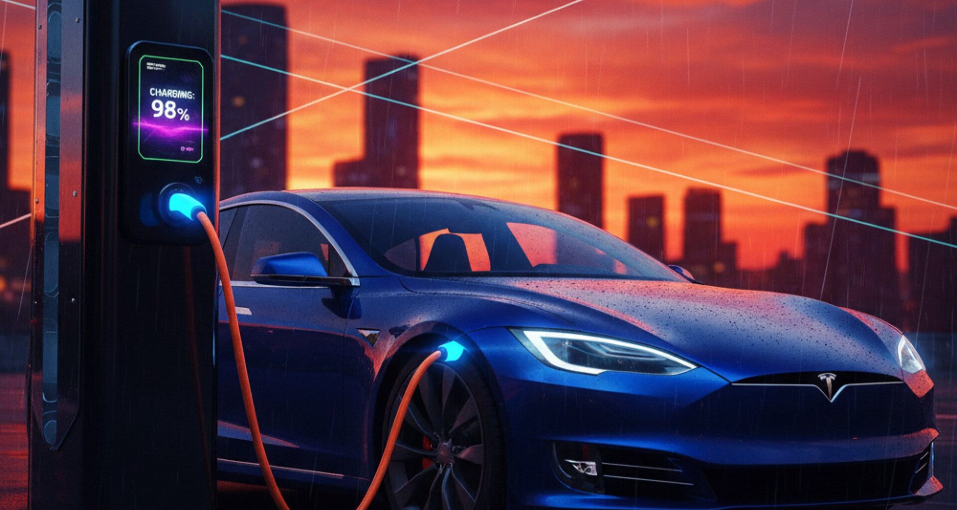 E-Auto steht in der Dämmerung an einer Ladesäule.