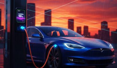 E-Auto steht in der Dämmerung an einer Ladesäule.