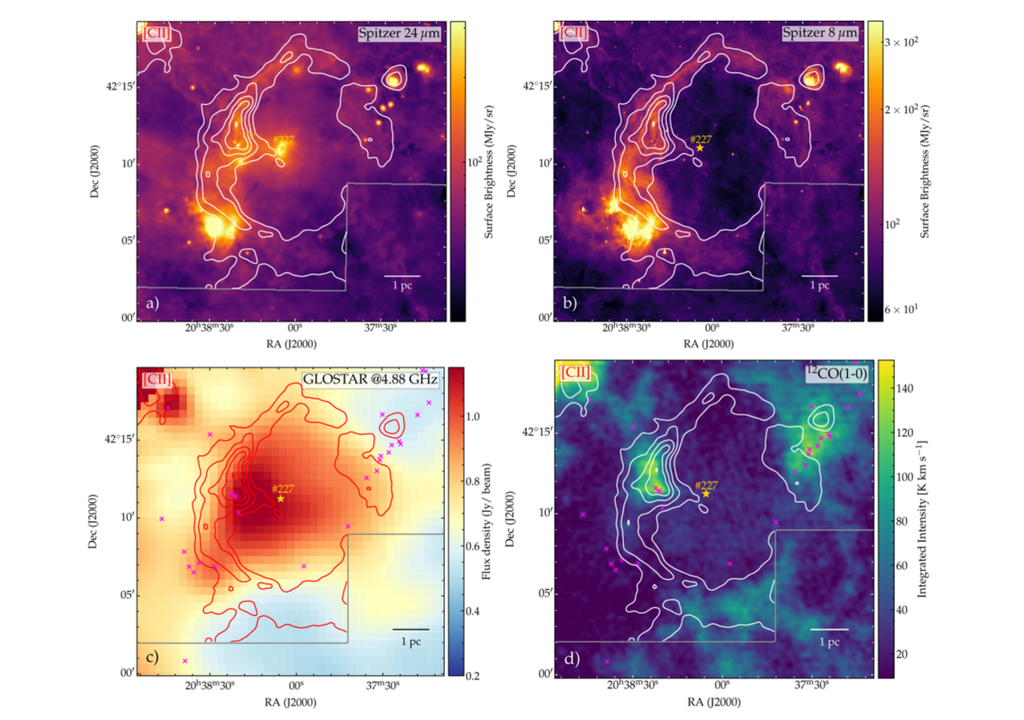 Abstrahlungswerte des Diamond Ring. Die Position des ionisierenden Sterns #227 wird mit einem gelben Stern angezeigt.