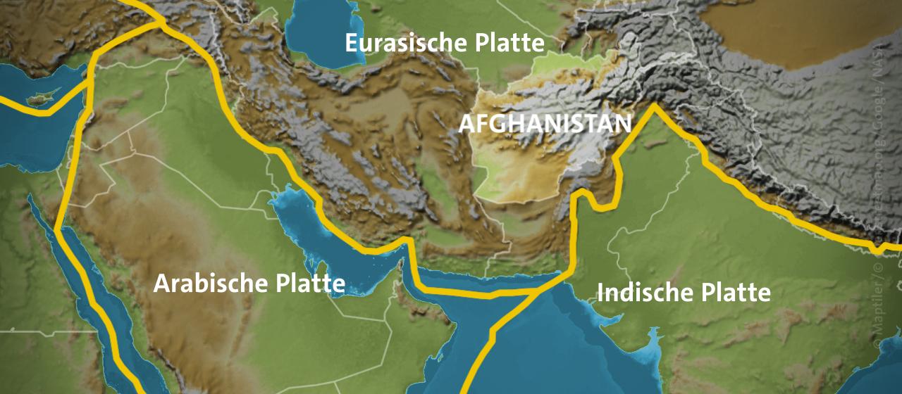 Karte mit Afghanistan, Eurasischer-, Indischer- und Arabischer Platte
