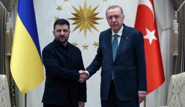 Der türkische Präsident Erdogan und sein ukrainischer Amtskollegen Selenskyj reichen sich die Hand. Hinter ihnen stehen die Flaggen ihrer Länder.