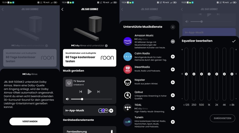 Neben dem Multiroom-Dienst Roon integriert JBL One die Streamingdienste Amazon Music, Calm Radio, iHeart  Radio, Napster, Qobuz, Tidal und Tune In. Spotify können Anwender über die Option WLAN-Streaming ansteuern.