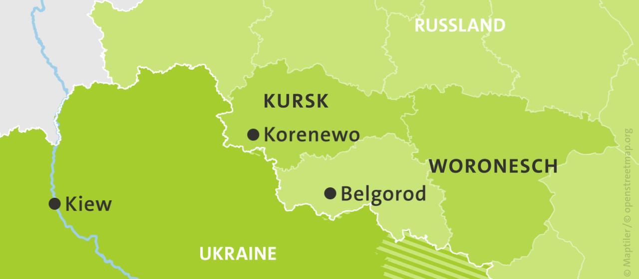 Karte der Ukraine und Russlands, hell schraffiert: von Russland besetzte Gebiete