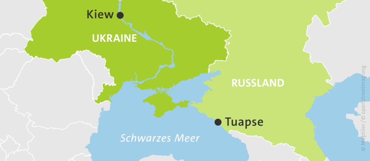 Karte der Ukraine und Russlands, hell schraffiert: von Russland besetzte Gebiete | ARD-aktuell Karte: Tuapse, Russland, und Ukraine