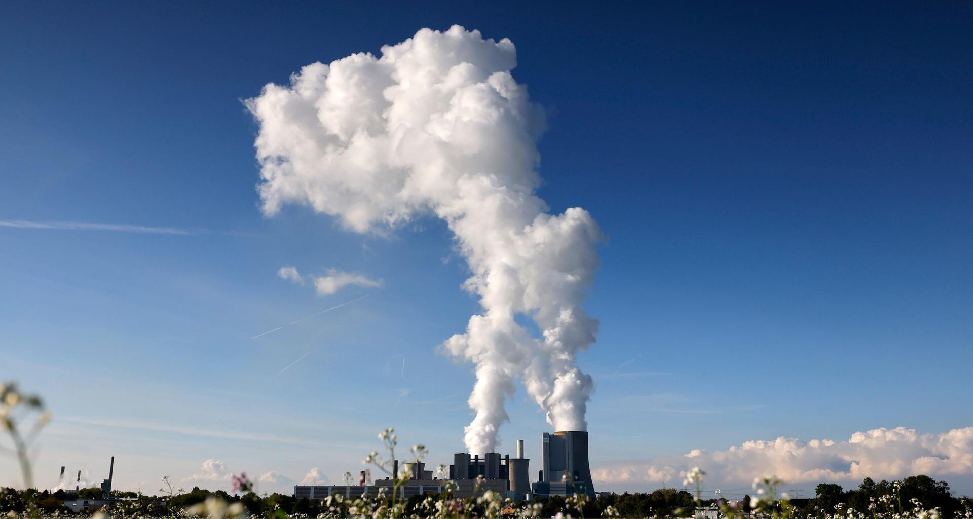 Dampfschwaden steigen in den klaren Herbsthimmel am Kohlekraftwerk Niederaußem des Stromkonzerns RWE.