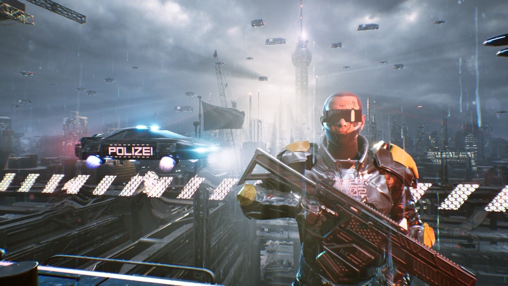 Screenshot aus Neo Berlin 2087. Blick auf das futuristische Berlin. Im Vordergrund ist ein Polizist zu sehen.