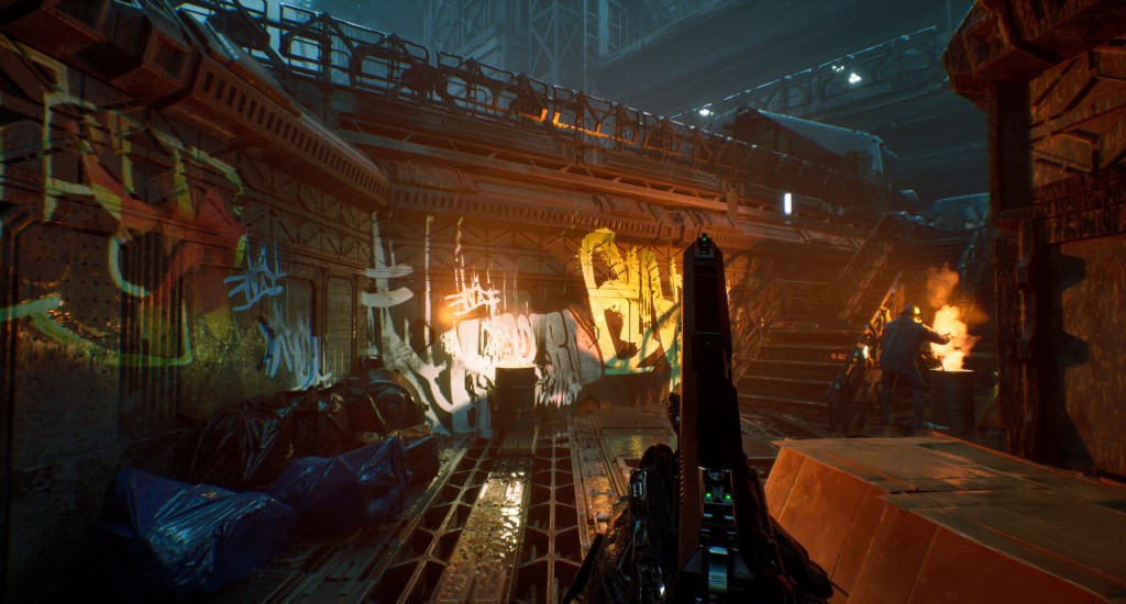 Screenshot aus Neo Berlin 2087. Der Charakter läuft an einer kleinen Armen-Siedlung vorbei.