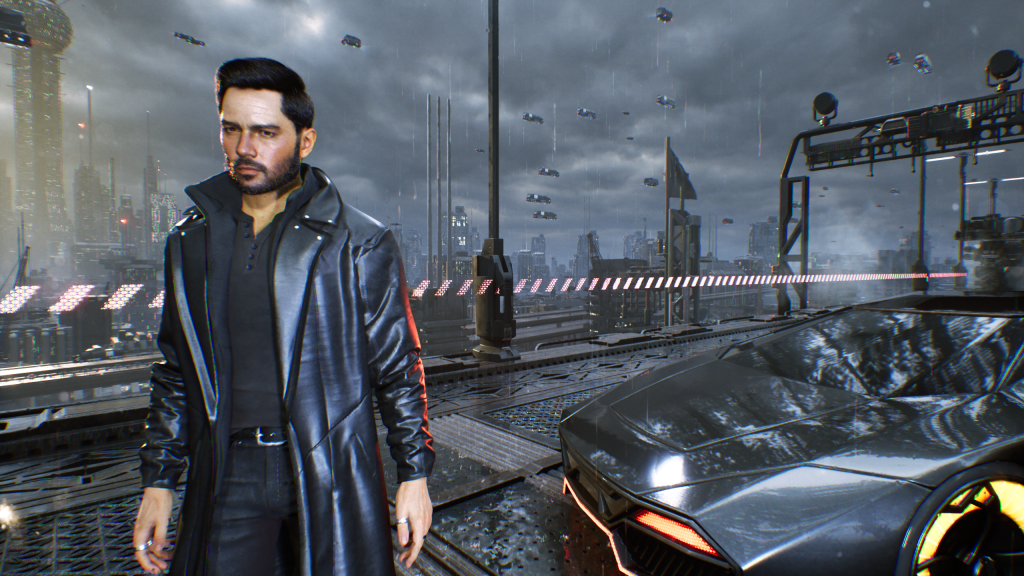 Screenshot aus Neo Berlin 2087. Der Protagonist Nolan ist von vorne zu sehen. Er trägt einen Ledermantel, hat schwarze Haare und Bart.