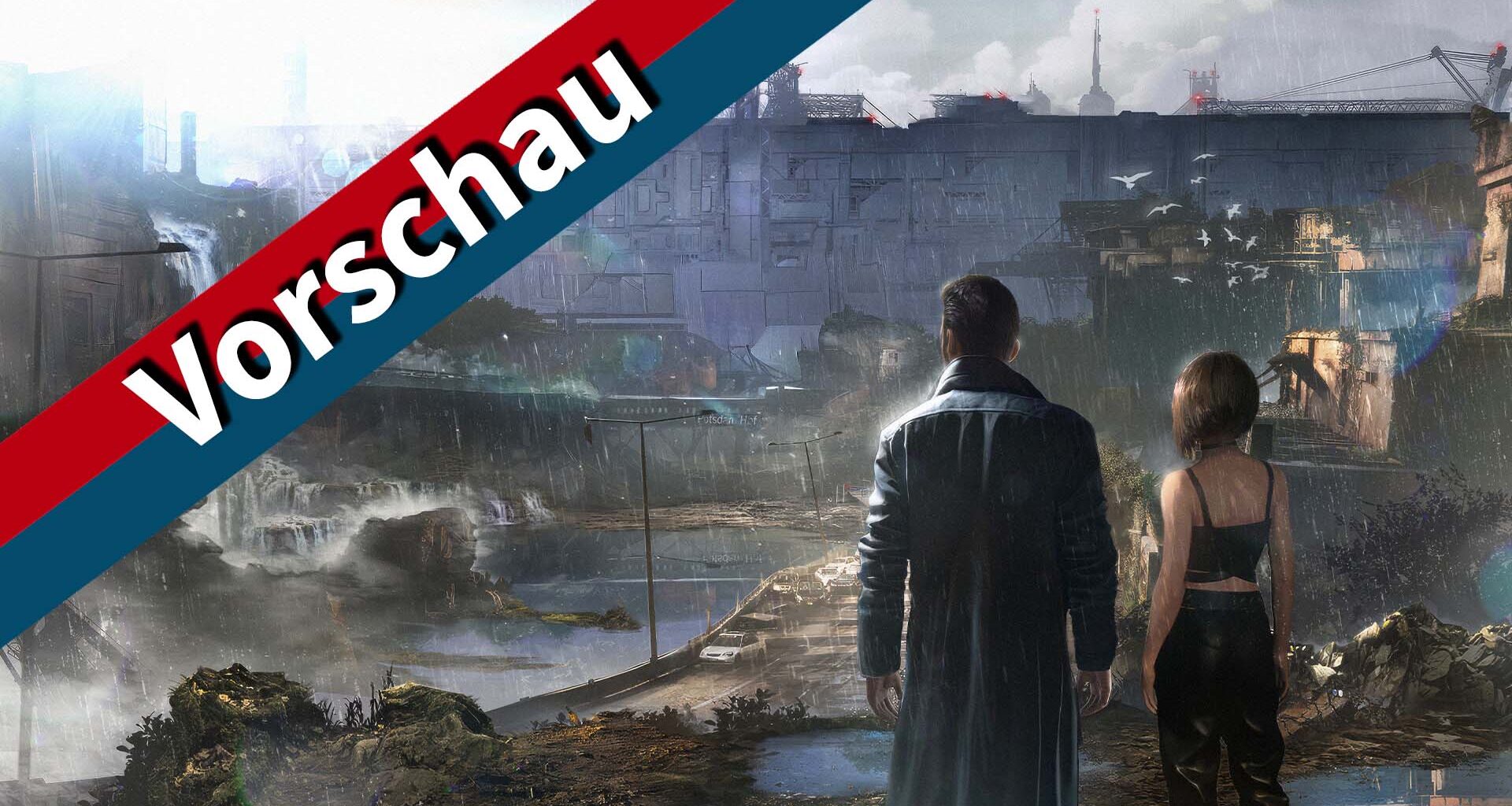 Artwork von Neo Berlin 2087. Die beiden Hauptcharaktere sind rechts im Bild zu sehen. Links ist das 4P-Vorschau-Banner eingebunden.