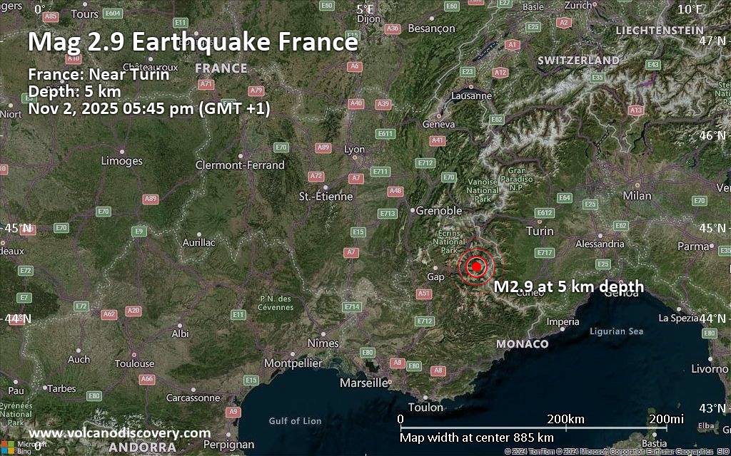 Schwaches Erdbeben Stärke 2.9 - France: Near Turin am Sonntag,  2. November 2025, um 17:45 (GMT +1)