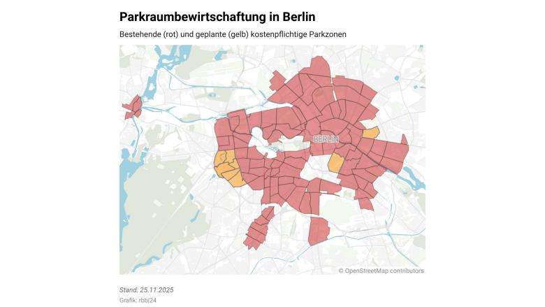 Bestehende und geplante kostenpflichtige Parkzonen in Berlin, Stand: 25.11.2025 (Quelle: rbb / Schneider).