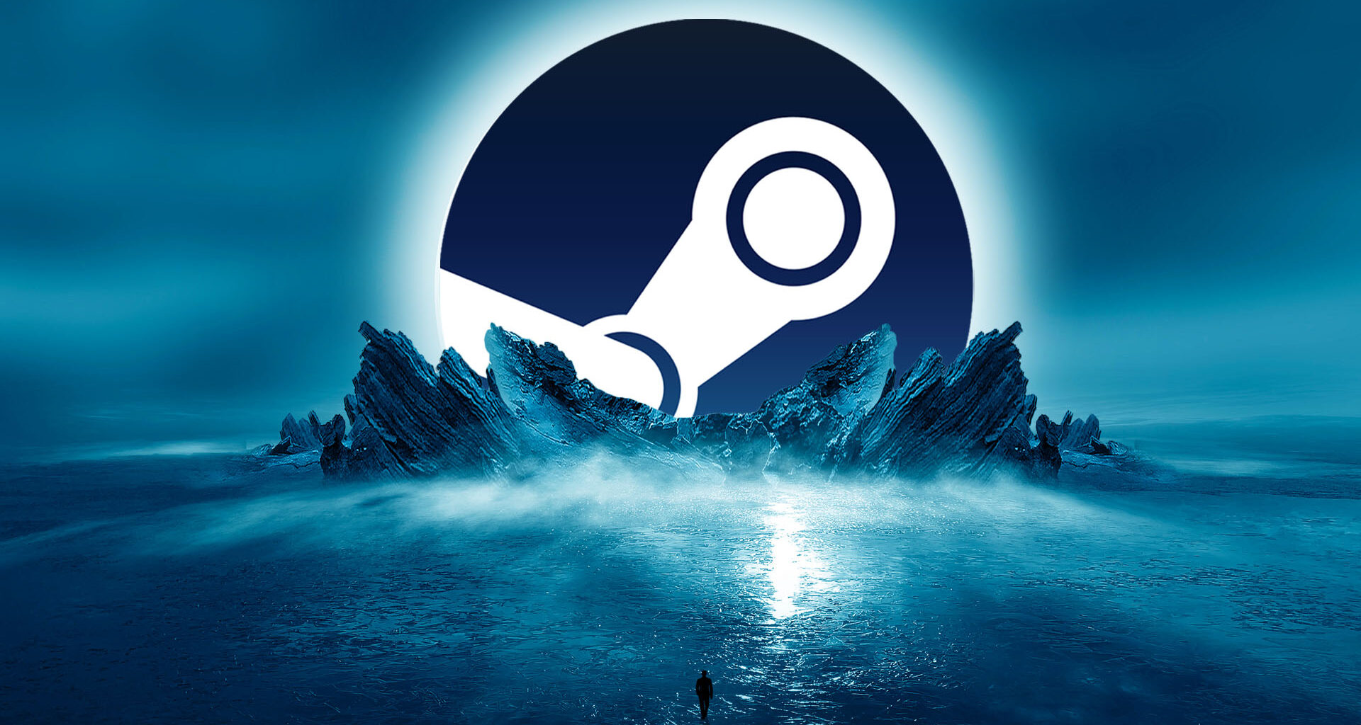 Eine Bildmontage, die das Logo der Videospielplattform Steam zeigt, wie es aus der Oberfläche eines Planeten bricht.