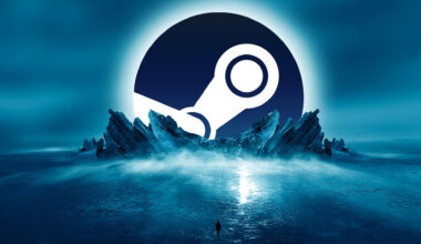Eine Bildmontage, die das Logo der Videospielplattform Steam zeigt, wie es aus der Oberfläche eines Planeten bricht.