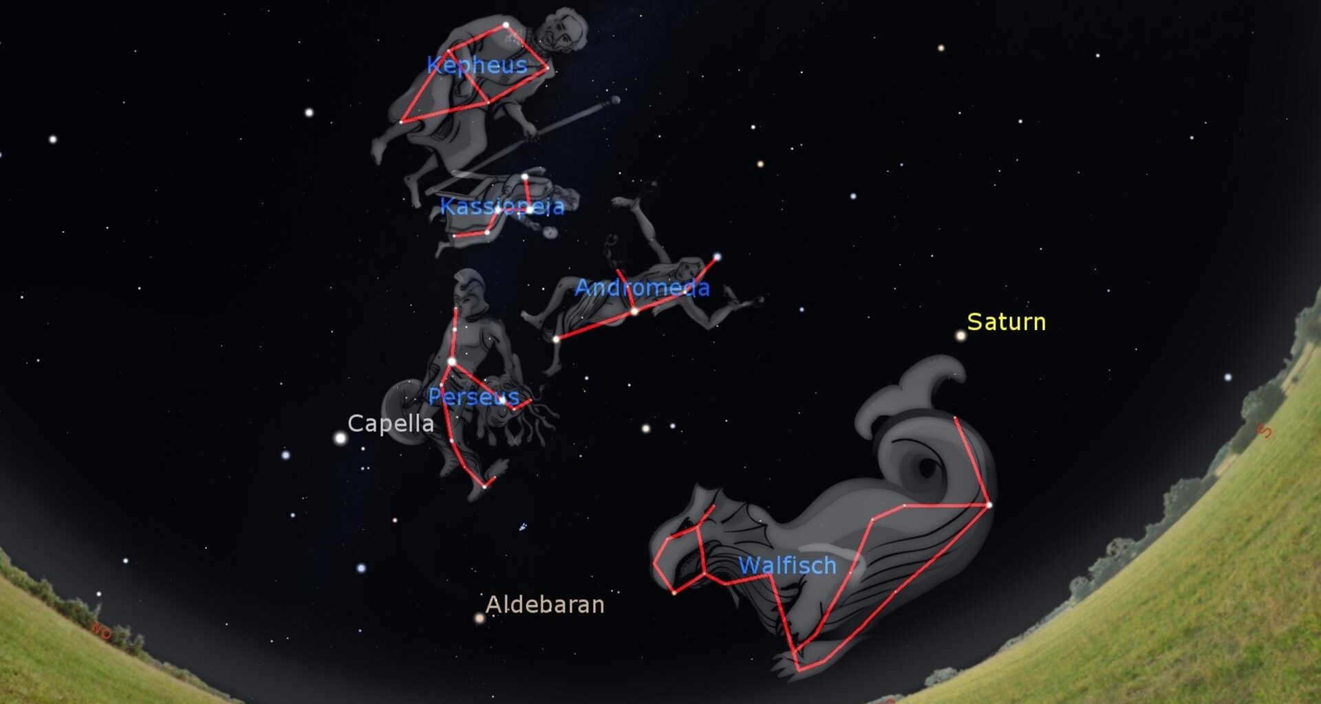 Der abendliche Sternenhimmel. Zu sehen sind auf einer Fisheye-Aufnahme unter anderem die Sternbilder Kassiopeia und Andromeda.