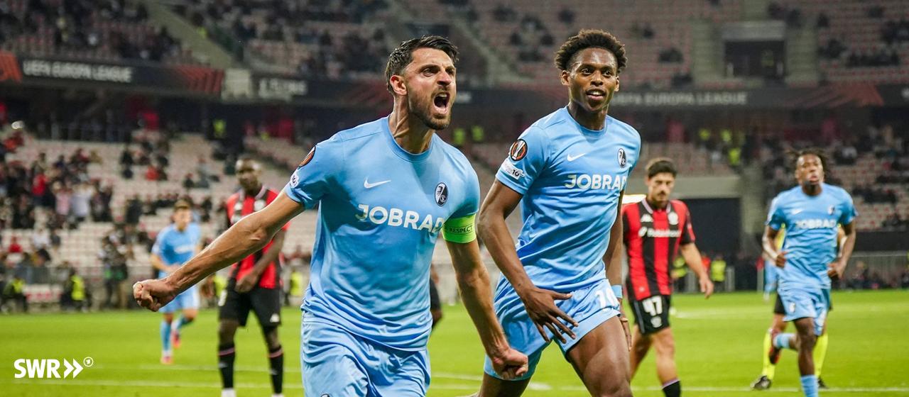 Vincenzo Grifo und Junior Adamu waren mit dem SC Freiburg in Nizza erfolgreich | IMAGO, IMAGO / STEINSIEK.CH Vincenzo Grifo und Junior Adamu vom SC Freiburg jubeln