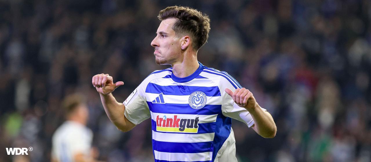 Connor Noß vom MSV Duisburg jubelt über seinen Treffer im Spiel gegen Mannheim. | IMAGO/Brauer-Fotoagentur Connor Noß vom MSV Duisburg jubelt über seinen Treffer im Spiel gegen Mannheim.