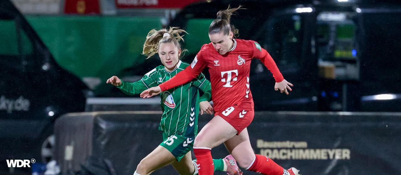 Werder Bremens Michelle Weiß (l.) im Zweikampf mit Adriana Achcinska (1. FC Köln). | picture alliance/foto2press/Oliver Baumgart Werder Bremens Michelle Weiß (l.) im Zweikampf mit Adriana Achcinska (1. FC Köln).