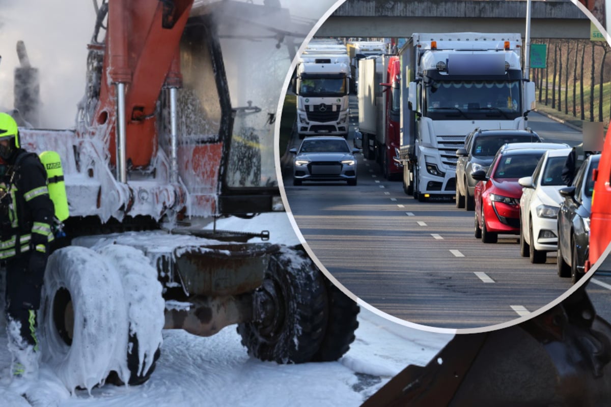 Bagger in Flammen! Großer Stau auf Chemnitzer Südring