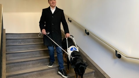 Daniel Knoch läuft mit seiner Hündin die Treppe herunter.