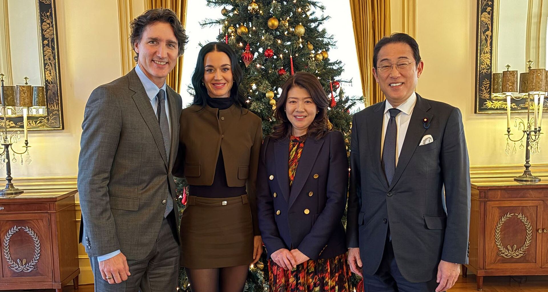 Justin Trudeau, Katy Perry, Yuko Kishida und Fumio Kishida bei einem Treffen in Tokio