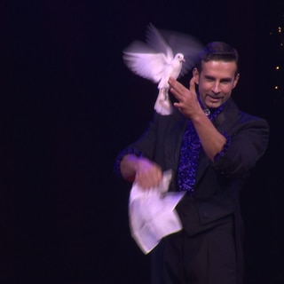 Zauberkünstler mit flatternde Taube in Hand