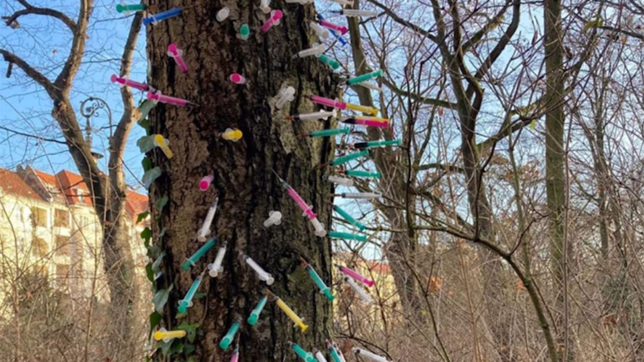 Bezirksamt Neukölln muss Baum von dutzenden Spritzen befreien