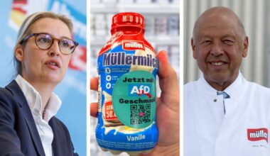 Würzburg: Aktivisten bekleben Müller-Produkte wegen Weidel-Kontakten mit Aufklebern