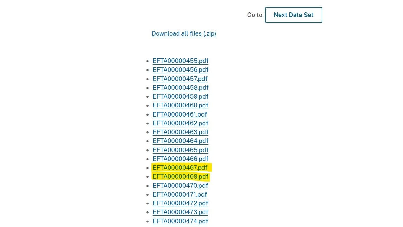 Screenshot von der Seite des US-Justizministeriums: Im Datensatz der Epstein-Akten gibt es keine Datei mit der Nummer 468.