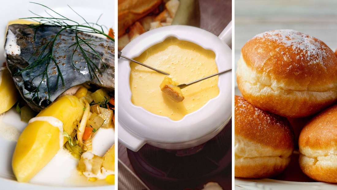 Collage: Links ein Karpfen-Gericht mit Kartoffeln, in der Mitte ein Topf mit Käsefondue und rechts ein Teller voll krapfen. 