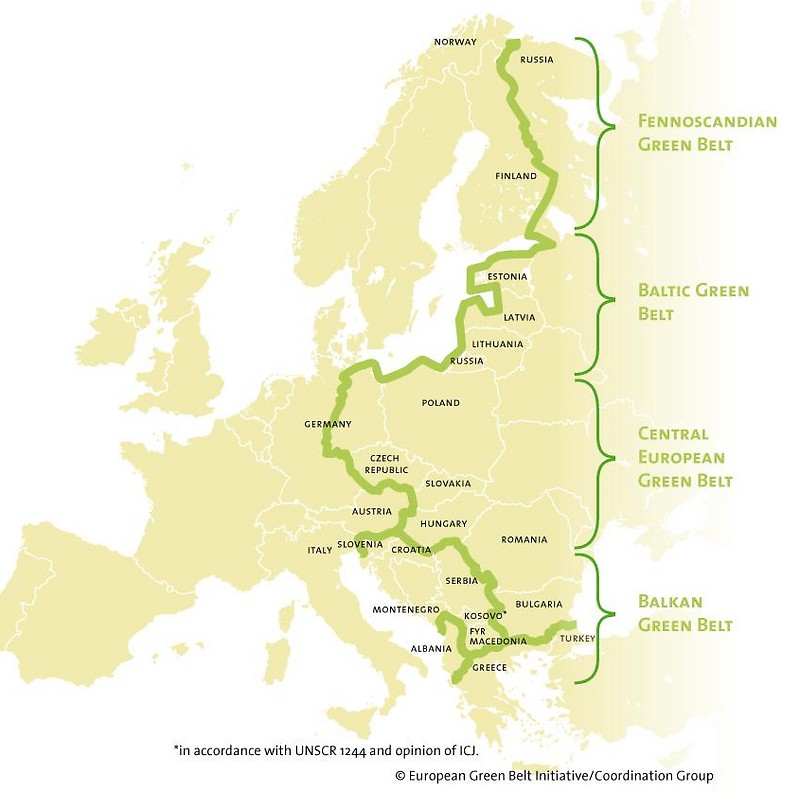 Der Verlauf des Grünen Bands vom Nordkap an der Barentsee bis zum Schwarzen Meer bzw. der Adria. Der österreichische Anteil des Grünen Bands beginnt in Oberösterreich und legt sich über Niederösterreich und Burgenland um den Osten des Landes, bis in die Steiermark und Kärnten