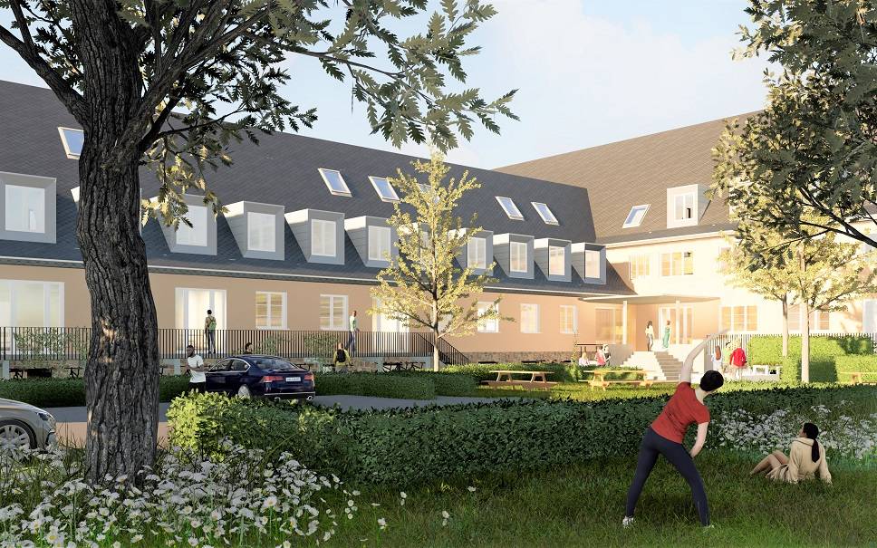 Visualisierung eines modernisierten ehemaligen Kasernengebäudes. Im Vordergrund Bäume, Hecken, Parkplätze und Aufenthaltsflächen mit Sitzbänken. Männer und Frauen in verschiedenen Freizeitsituationen (Joggen, Gymnastik, aussteigen aus dem Auto) beleben das Bild.