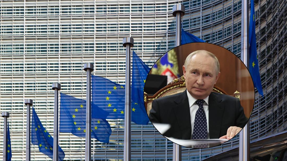 Bildmontage aus dem Hauptgebäude der EU-Kommission und Wladimir Putin.