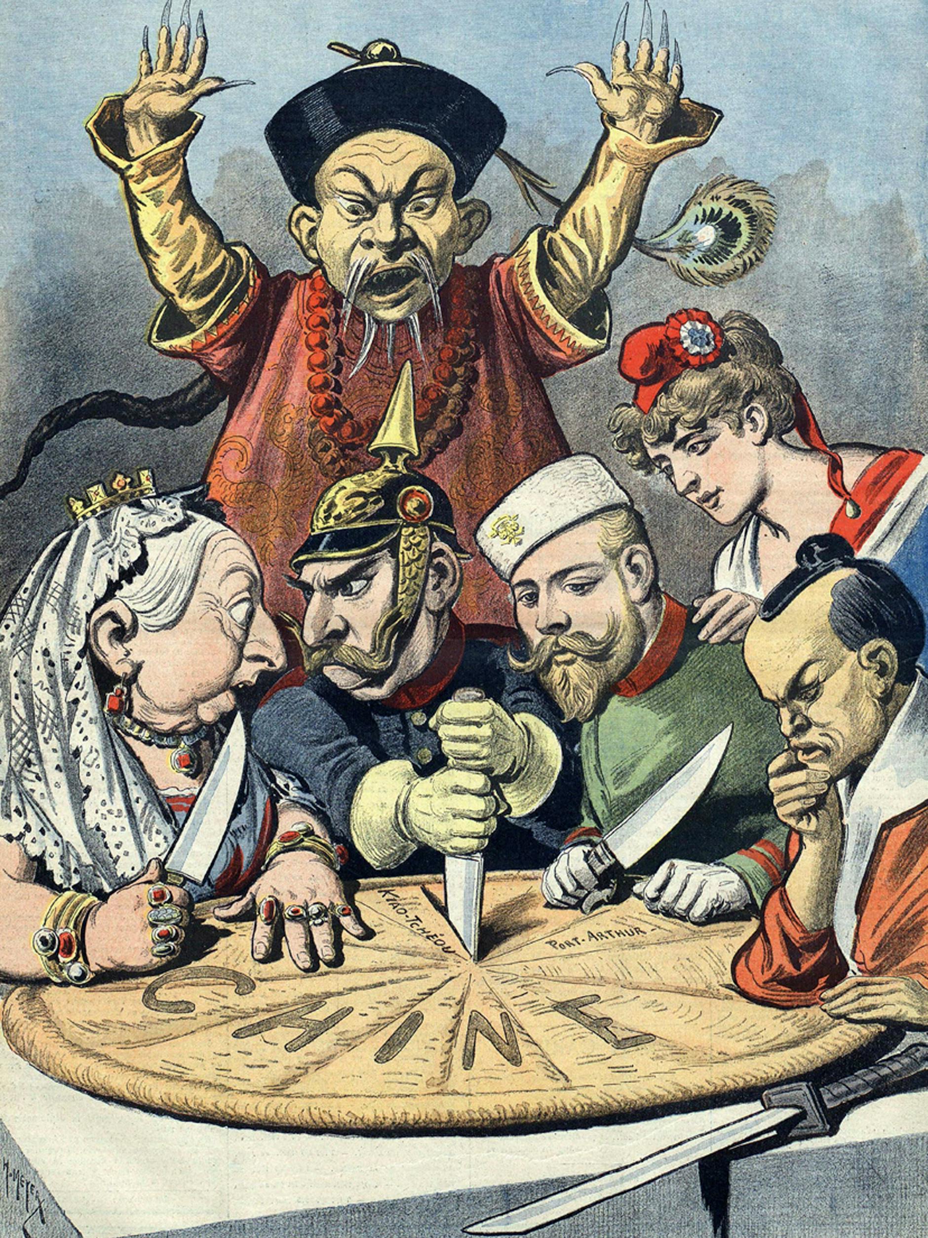 Karikatur der imperialen Aufteilung Chinas: Europäische Mächte und Japan teilen das Land unter sich auf, während ein machtloser Qing-Beamter vergeblich protestiert – Sinnbild für ausländischen Imperialismus und Chinas politische Ohnmacht.