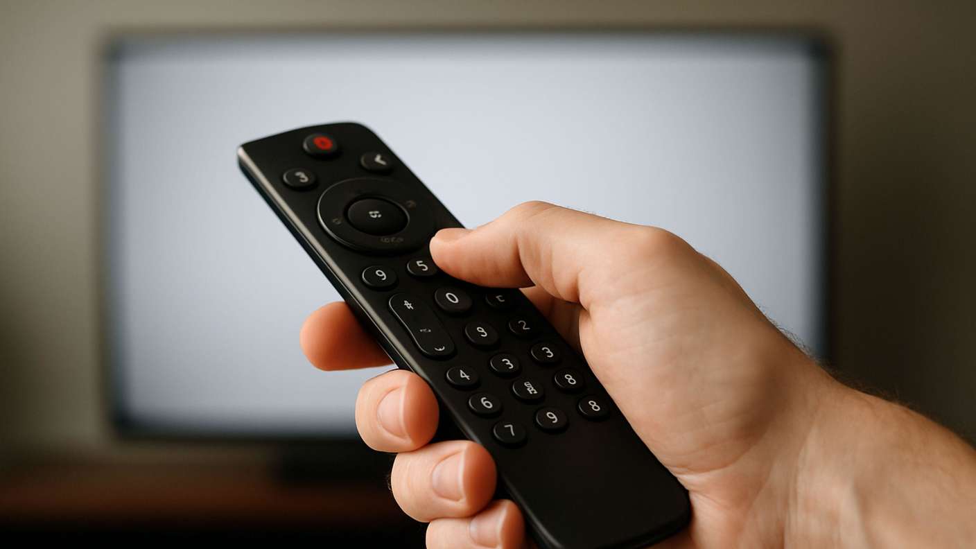 Eine Hand hält eine Fernbedienung in der Hand und richtet sie auf einen TV-Bildschirm. 