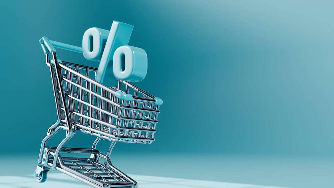 Einkaufswagen Verkauf SIGN Prozent 3D mit Prozentzeichen Symbolbild