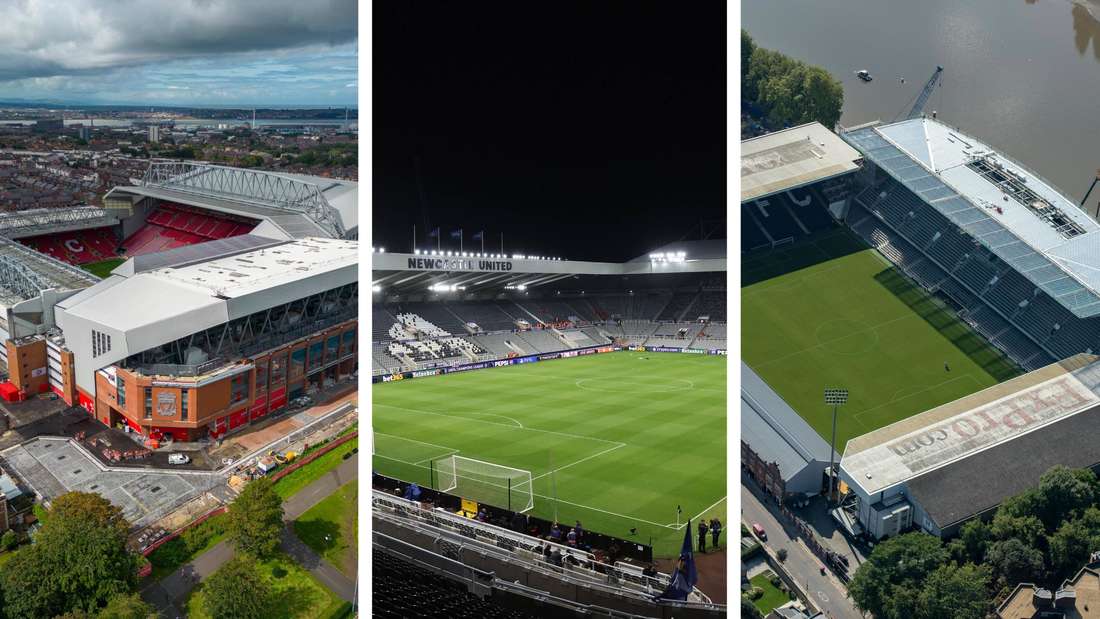 Die Anfield Road (von links), der St. James Park und das Craven Cottage zählen zu den ältesten Stadien.