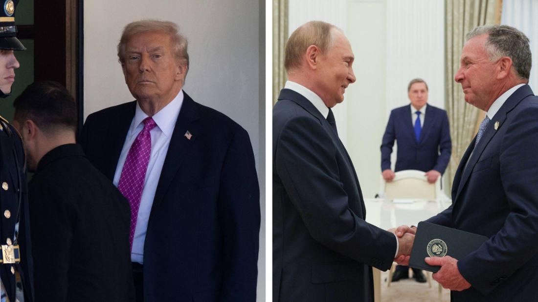 Trump mit Selenskyj (l.); Putin mit Witkoff im Kreml (r.).