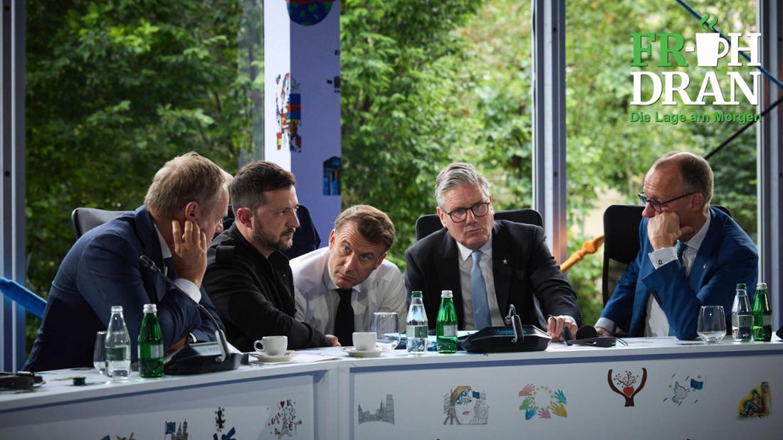 Donald Tusk, Wolodymyr Selenskyj, Emmanuel Macron, Keir Starmer und Friedrich Merz bei einem Treffen im Mai 2025 in Albanien. 